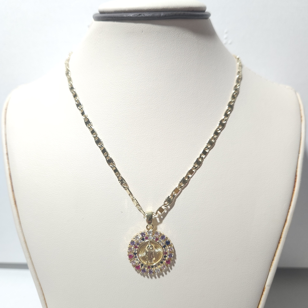 Gold Plated Virgin Guadalupe Pendant Necklace with Multi-Color Stones